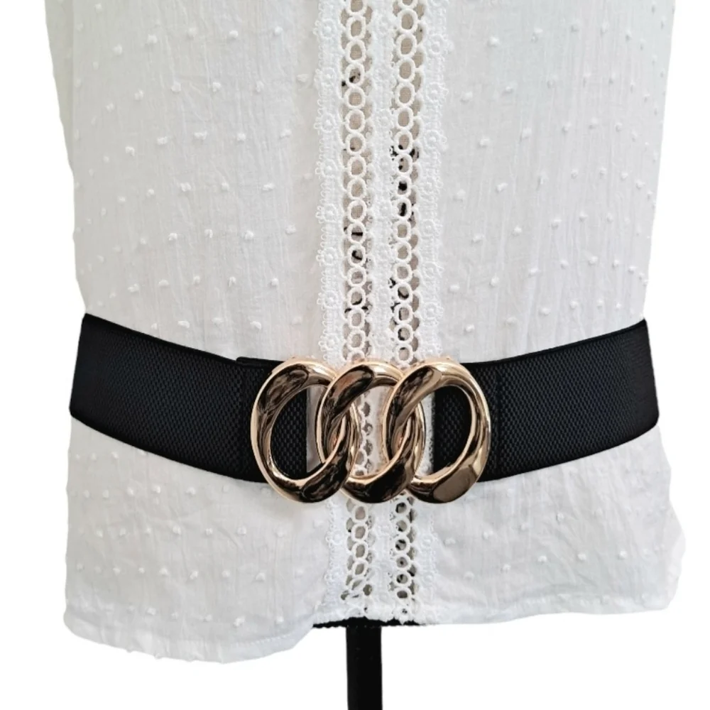 Black Stretch Wide Waist Belt Gold Triple Ring Buckle Elastic Classic Statement
